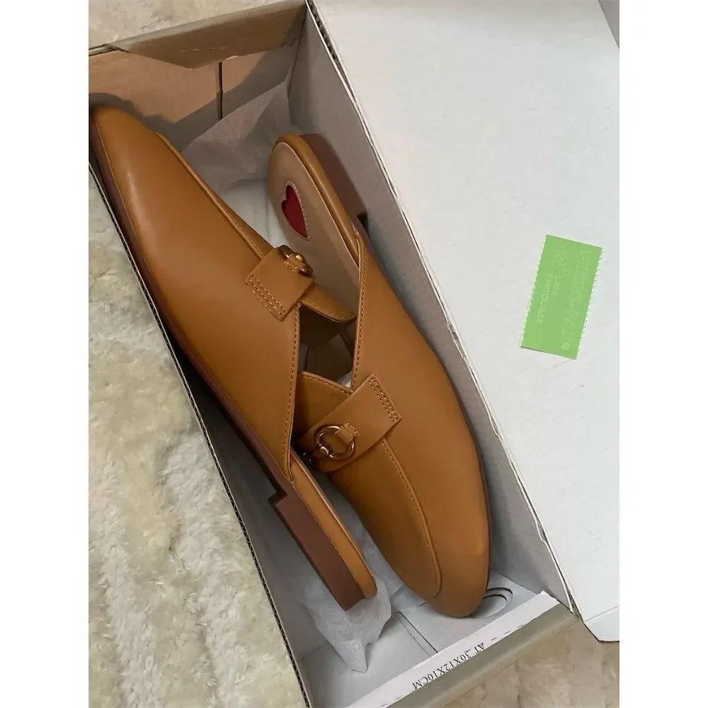 Women's Brown Leather Slip-On Mules Size 7.5 w/ Buckle & Heart Accent - Picture 8 of 8